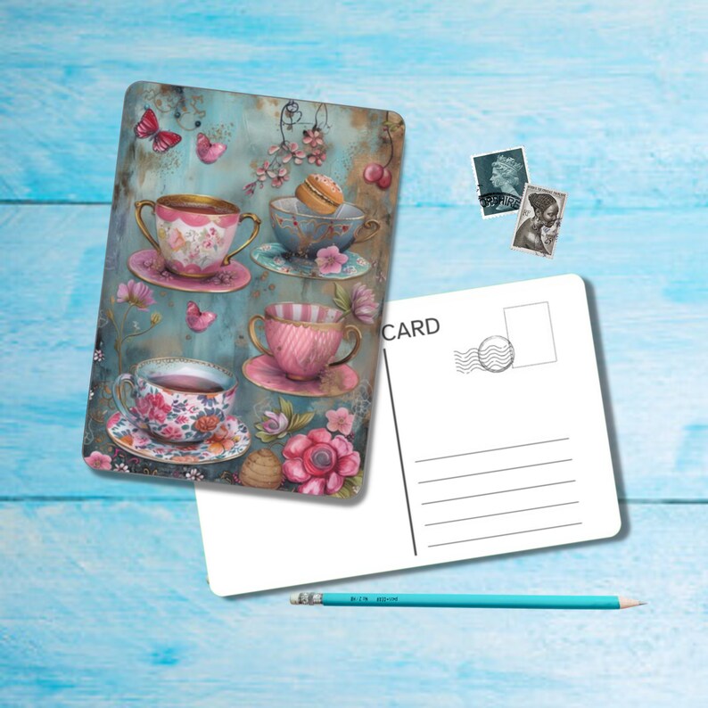 Floral Tea Postcard set of 5, A6 size postcard with rounded corners, beautiful illustrated postcrossing postcard 14.8 cm x 10.5 cm zdjęcie 6