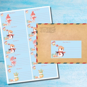 May include: A set of 6 blue and white gift tags with cute winter animal illustrations. Each tag has a line for writing "Please Deliver To:" and a space for writing a name or address. The tags feature a penguin, a fox, a deer, and a bear.