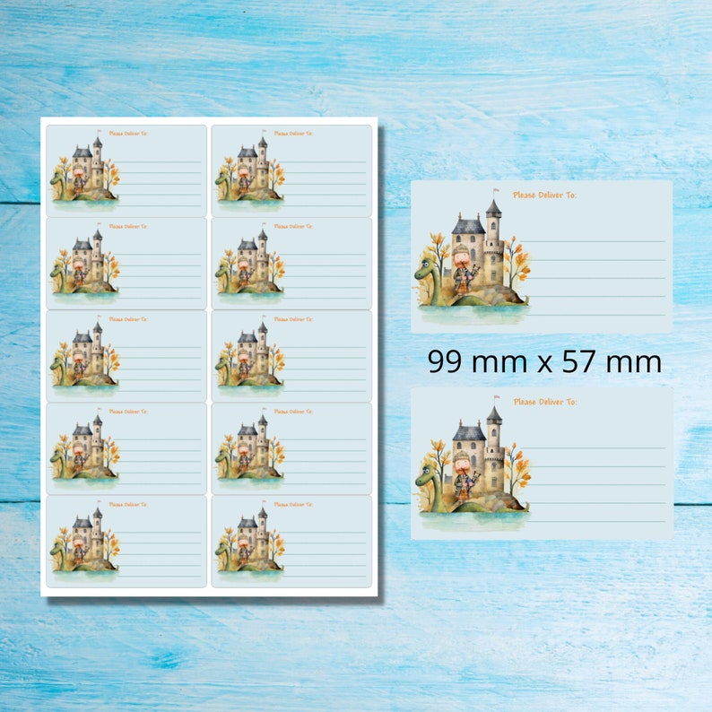 May include: A sheet of 8 address labels featuring a watercolor illustration of a castle on a green island with a dragon and a knight. The labels are 3.9 inches by 2.2 inches and have the text "Please Deliver To" at the top.