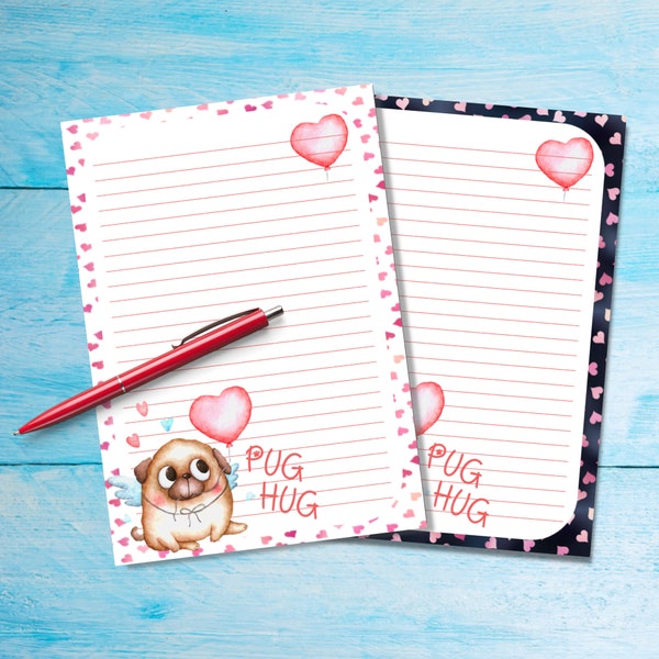 Pug Hug A5 letter writing paper, Pen pal supplies, Stationery unlined letter sheets, Notepaper without lines, Cute writing paper