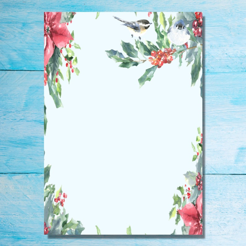 May include: A white background with a border of watercolor holly leaves, red berries, and poinsettia flowers. Two small birds are perched on the holly branches.