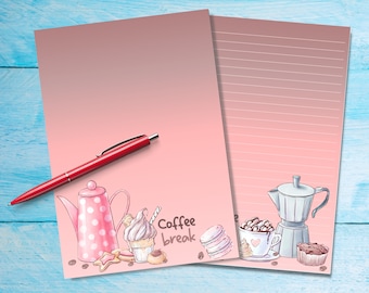 Coffee Break A5 letter writing paper, pen pal supplies, Stationery letter sheets, Notepaper lined or unlined,