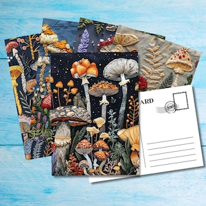 Juego de 5 postales con hongos bordados, tamaño A6, postal bellamente ilustrada para cruzar el correo, postal con impresión artística para enmarcar