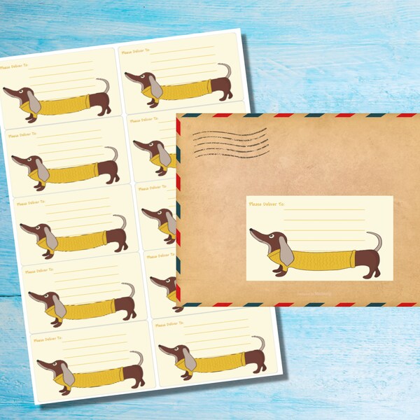 Autocollant Sausage Dog, veuillez livrer à. étiquettes, 10 étiquettes par feuille, autocollants rectangulaires 99,1 x 57,0 mm avec coins arrondis