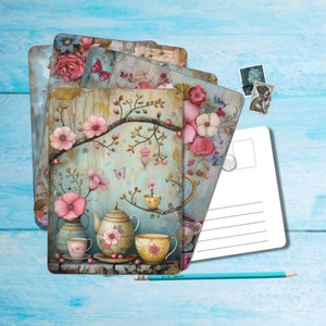 Floral Tea Postcard set of 5, A6 size postcard with rounded corners, beautiful illustrated postcrossing postcard 14.8 cm x 10.5 cm zdjęcie 1