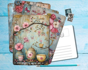 Floral Tea Postcard set of 5, A6 size postcard with rounded corners, beautiful illustrated postcrossing postcard 14.8 cm x 10.5 cm