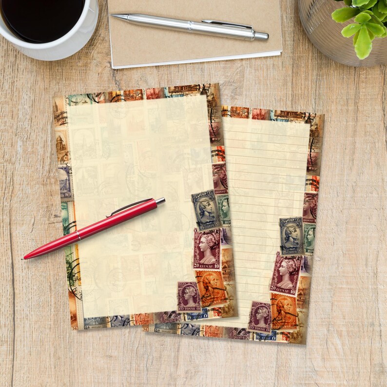 May include: Two sheets of stationery with a vintage stamp border. One sheet is lined, the other is blank. A red pen rests on the blank sheet. The stationery is cream-colored, and the stamps are in shades of red, blue, and brown.