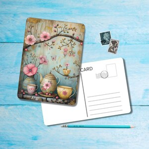 Floral Tea Postcard set of 5, A6 size postcard with rounded corners, beautiful illustrated postcrossing postcard 14.8 cm x 10.5 cm zdjęcie 4