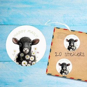 Autocollants agneau baa baa, lot de 20 autocollants ronds mats découpés individuellement, jolies étiquettes décoratives happy mail pour courrier postal, autocollants postaux correspondant