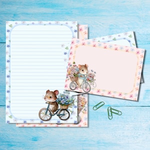 Set di cancelleria per lettere in formato A5 con Topi in Bicicletta, graziosi articoli per amici di penna, kit per posta ordinaria, fogli a righe o non a righe con buste abbinate