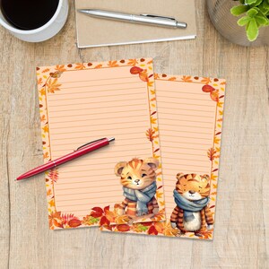 Autumn Tiger A5 letter writing paper, Pen pal supplies, Stationery lined or unlined note sheets, Cute notepaper with or without lines