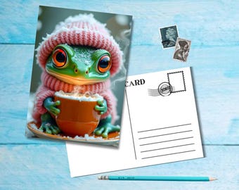Keep Warm Frog, A6 size postcard with rounded corners, beautiful illustrated postcrossing single postcard 14.8 cm x 10.5 cm