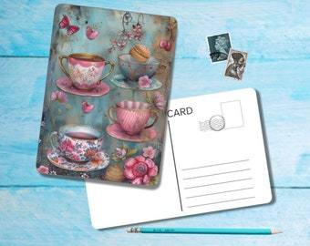 Floral Tea Postcard (no.5), A6 size postcard with rounded corners, beautiful illustrated postcrossing single postcard 14.8 cm x 10.5 cm