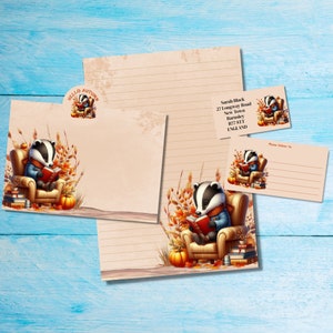 Cozy Badger penpal / kit di lettere per posta ordinaria, carta da lettere A5, buste, etichette per indirizzi, etichette PDT, adesivi rotondi per posta felice