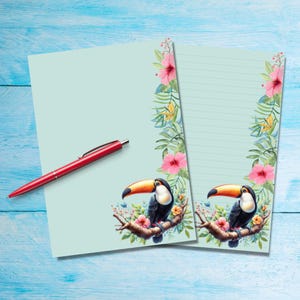 Rainforest Toucan writing paper, Cute A5 Pen pal supplies, Stationery letter writing note sheets, Notepaper with or without lines