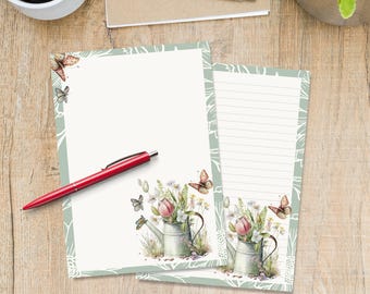 Floral Wateringcan A5 letter writing paper, Pen pal supplies, Stationery lined or unlined sheets, Cute notepaper with or without lines