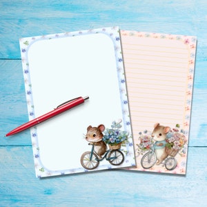 Ratones en bicicletas Papel para escribir cartas A5, Suministros para amigos por correspondencia, Papelería con o sin líneas, Lindo papel de notas con o sin líneas