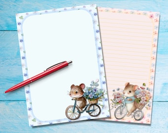 Souris sur des vélos Papier à lettres A5, Fournitures pour correspondants, Feuilles de lettres lignées ou non lignées, Papier à lettres mignon avec ou sans lignes