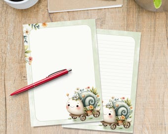 Wheely Snail writing paper, Cute A5 Pen pal supplies, Single stationery letter writing note sheets, Notepaper with or without lines