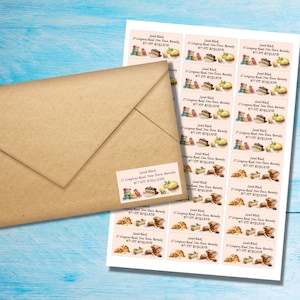 May include: A sheet of 24 address labels with a pastel background and a watercolor illustration of pastries and desserts. The labels are designed for a bakery or business called "Sarah Black" with the address "27 Longway Road New Town Burnley,  BT7 9TT England".