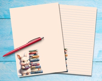 Book Bunny A5 letter writing paper, Pen pal supplies, Stationery lined or unlined letter sheets, Cute notepaper with or without lines