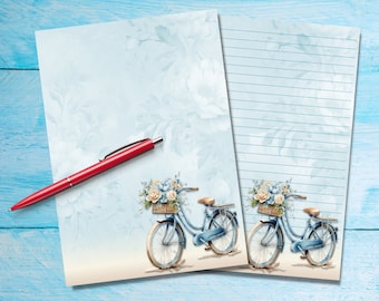 Blue Bicycle A5 letter writing paper, Pen pal supplies, Stationery lined or unlined letter sheets, Cute notepaper with or without lines