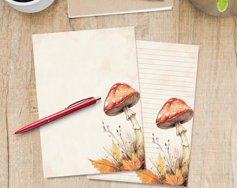 Toadstool A5 letter writing paper, Pen pal supplies, Stationery lined or unlined sheets, Cute notepaper with or without lines