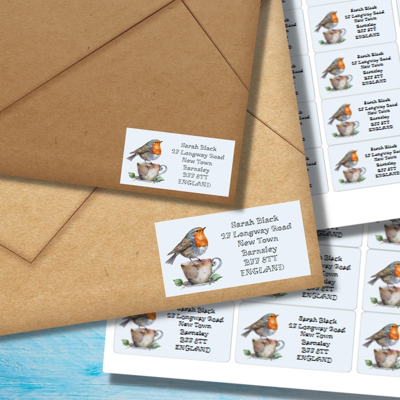 Robin Return Labels Teacup Robin Return Address Labels, 24 or 40 Self Adhesive Labels per ...