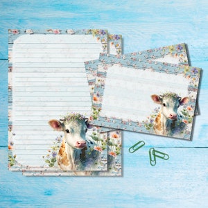 Set di cancelleria per lettere in formato A5 con motivo "Shabby Floral Cow", articoli per amici di penna, kit per posta ordinaria, fogli a righe o non a righe con buste e adesivi coordinati.