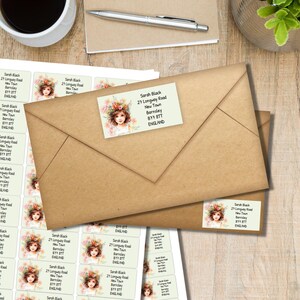 Crown of Flowers return address labels, 24 or 40 self adhesive labels per sheet, Pen pal rectangular stickers for happy mail envelopes