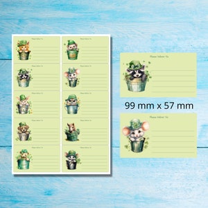 May include: Ten green and white gift tags with cute animal illustrations. Each tag features a different animal wearing a green hat and sitting in a green bucket. The tags are 3.9 inches by 2.2 inches and have the text "Please Deliver To:" at the top.