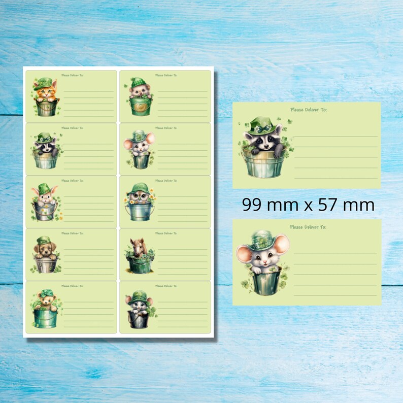 May include: Ten green and white gift tags with cute animal illustrations. Each tag features a different animal wearing a green hat and sitting in a green bucket. The tags are 3.9 inches by 2.2 inches and have the text "Please Deliver To:" at the top.