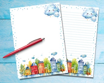 Rainbow Houses A5 letter writing paper, Pen pal supplies, Stationery lined or unlined letter sheets, Cute notepaper with or without lines