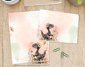 Peachy Dino stationery set, A5 letter writing paper with matching envelopes, Snail mail pen pal supplies kit, Lined / unlined sheets