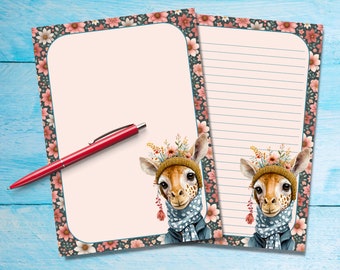 Floral Giraffe A5 letter writing paper, Pen pal supplies, Stationery unlined letter sheets, Notepaper without lines, Cute writing paper