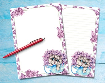 Hyacinth Cat A5 letter writing paper, Penpal stationery with lined or unlined letter sheets, Pen pal supplies for correspondence