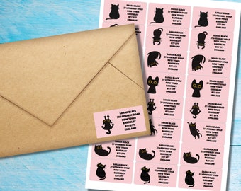 Black Cat self adhesive return address labels, 24 labels per sheet, 63.5 x 33.9 mm rectangular stickers with rounded corners