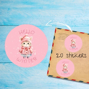 Pack d'autocollants roses chatons d'hiver, jolies étiquettes de courrier rondes mates heureuses coupées individuellement, fournitures de correspondant pour décorer les enveloppes