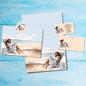 Lettura in spiaggia coordinato con kit di lettere per posta ordinaria, carta da lettere A5, buste, etichette per indirizzi, etichetta PDT, adesivi rotondi per posta felice