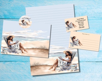 Reading at the beach matching penpal snailmail letter kit, A5 writing paper, envelopes, address labels, PDT label, round happy mail stickers