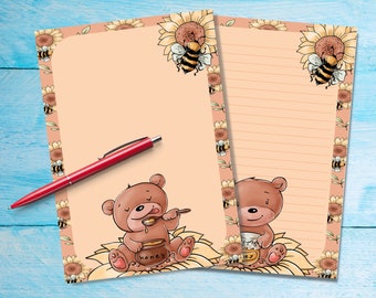 Carta da lettere Honey Bee Bear A5, forniture per amici di penna, fogli di lettere foderati o non foderati, carta da lettere carina con o senza righe