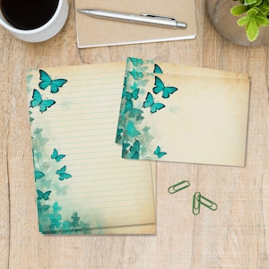 Jade Butterflies stationery set, A5 letter writing paper with matching envelopes, Snail mail pen pal supplies kit, Lined or unlined sheets