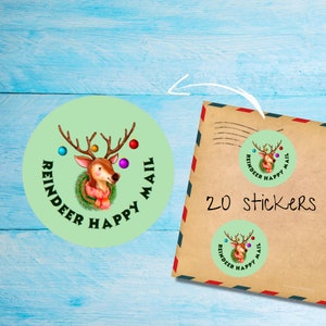 Pack d'autocollants de courrier de renne, mignonnes étiquettes de courrier rondes mates, coupées individuellement, fournitures de correspondant pour décorer les enveloppes