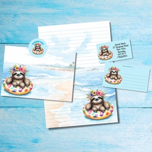 Amica di penna Beach Sloth abbinato a kit di lettere postali con lumaca, carta da lettere A5, buste, etichette per indirizzi, etichette PDT, adesivi rotondi per posta felice