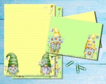 Daisy Gnomes A5 letter writing stationery set, Cute penpal supplies, Snail mail kit, Lined or unlined sheets with matching envelopes/sticker