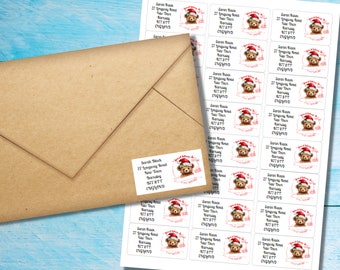 Bear in Christmas Hat self adhesive return address labels, 24 labels per sheet, 63.5 x 33.9 mm rectangular stickers with rounded corners