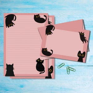 Juego de papelería Black Cat, papel para cartas A5 con sobres a juego, kit de suministros para correspondencia por correo postal, hojas rayadas y sin rayar