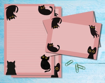 Black Cat A5 letter writing stationery set, Cute penpal supplies, Snail mail kit, Lined or unlined sheets with matching envelopes/stickers