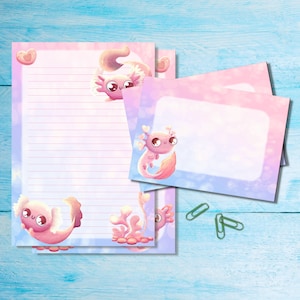 Conjunto de papelaria fofo de axolote, papel de carta A5 com envelopes combinando, kit de suprimentos para amigos por correspondência, folhas pautadas/sem pauta