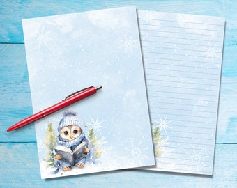 Winter Owl A5 letter writing paper, Pen pal supplies, Stationery lined or unlined single sheets, Cute notepaper with/without lines